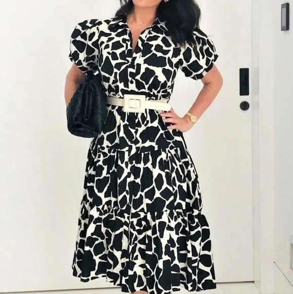 Zara Cow Print Ecru Tiered Boho Button Down Flowy Midi Dress Blogger Favorite XS - Picture 1 of 14